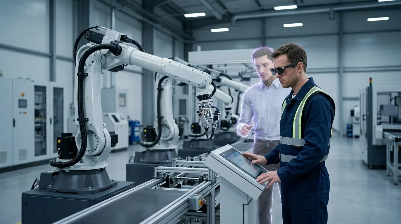 Techniker mit AR-Brille an einer Industrieanlage, XAIRO-Avatar als Hologramm begleitet die Inbetriebnahme