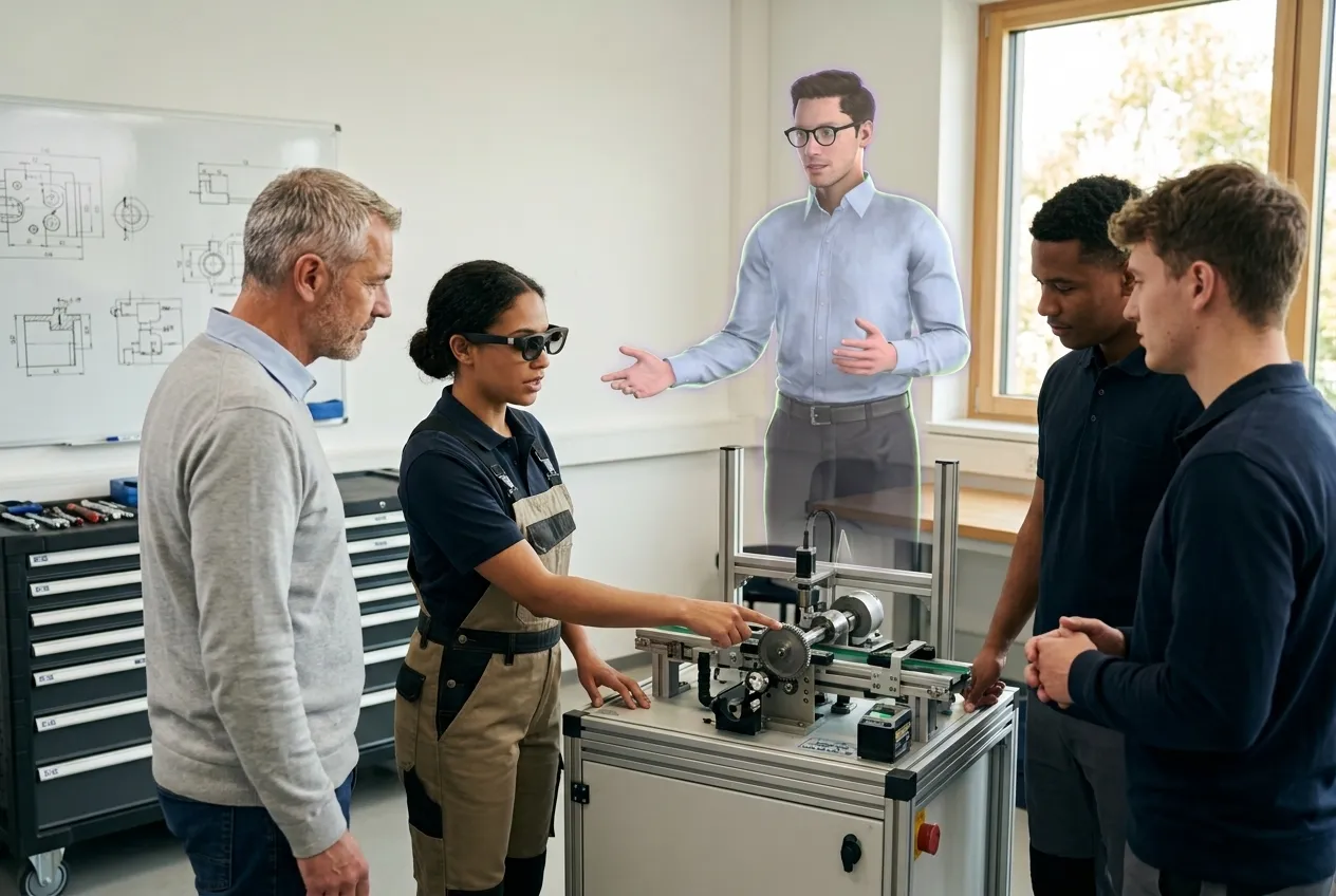 Schulungssituation: Mitarbeiterin mit AR-Brille an einer Maschine, XAIRO-Avatar als Hologramm erklärt der Gruppe