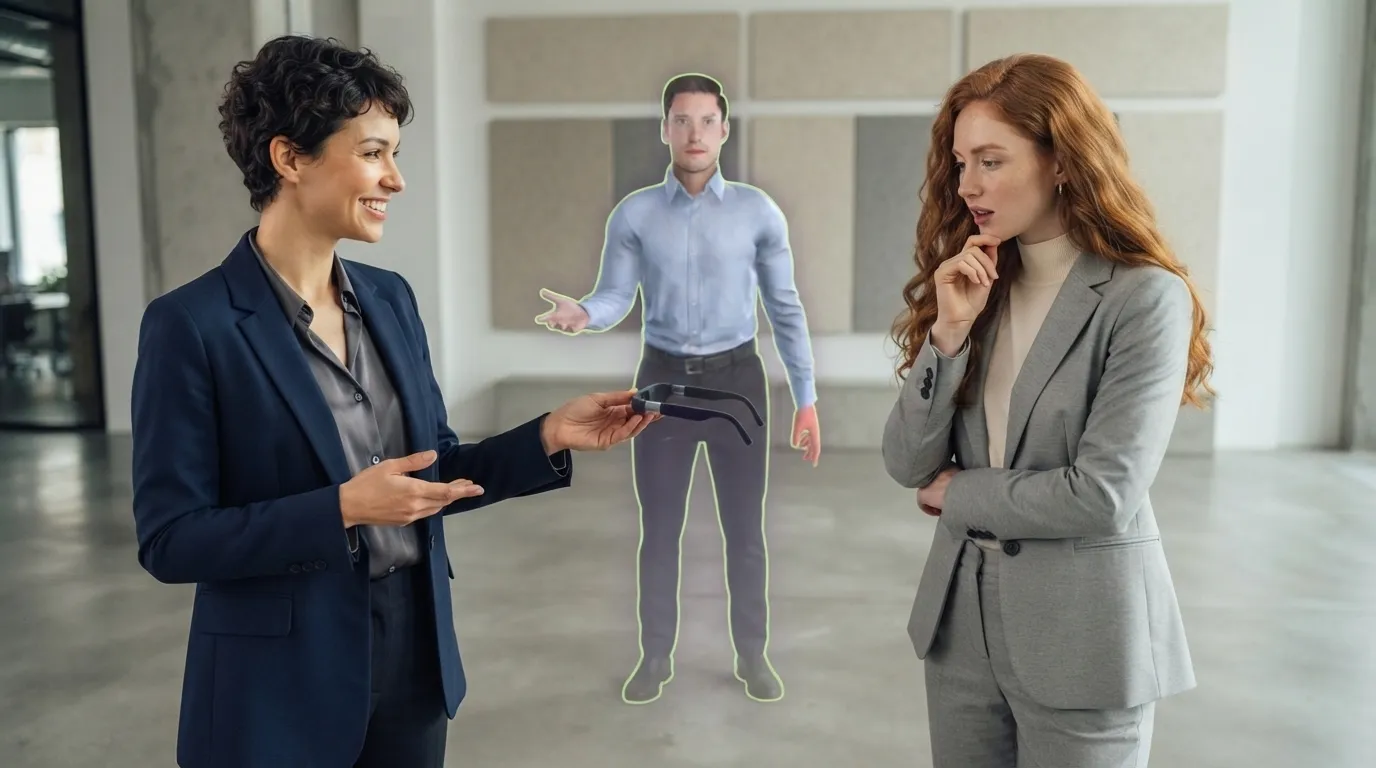 Vertriebsberaterin zeigt Kundin eine AR-Brille, XAIRO-Avatar als Hologramm präsentiert daneben